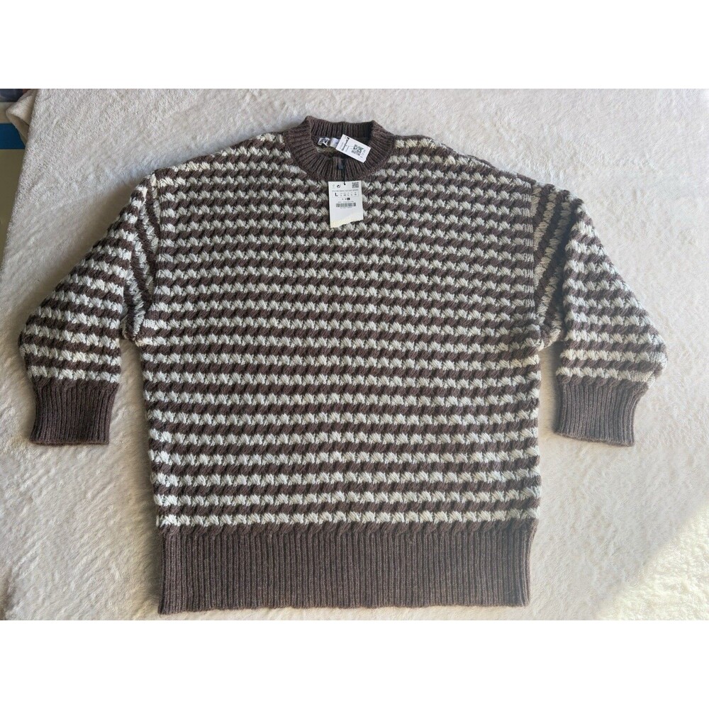 Zara New WOOL BLEND KNIT SWEATER CHUNKY Soft Light Striped NEW Large